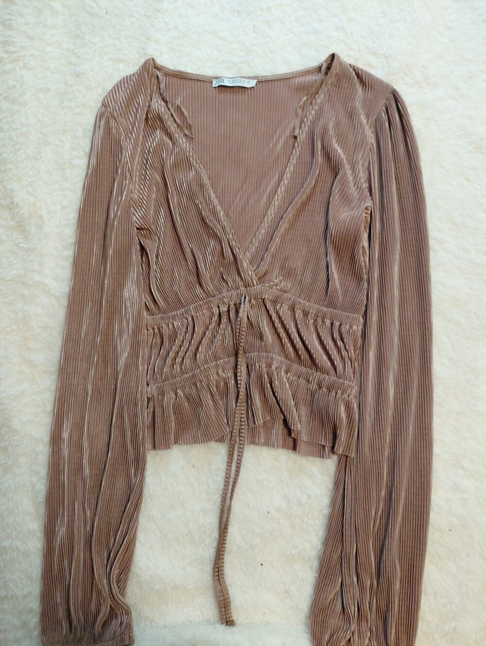 Zara Pleated Velvet Wrap Top Size S Blush Pink Long Sleeve